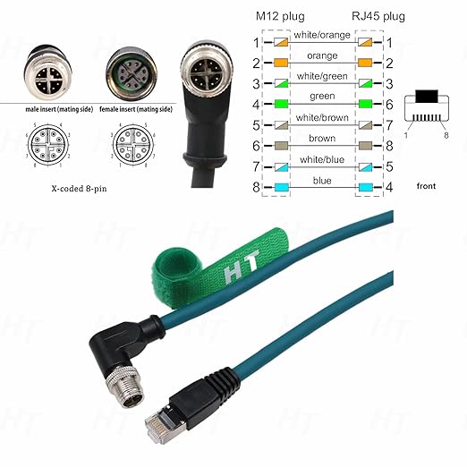 Ethernet 8 Pin X Coded M12 RJ45 CAT-7e Cable for Cognex Keyence Basler Vision Camera Sensor PLC Router, Right Angle 90-Degree 1m