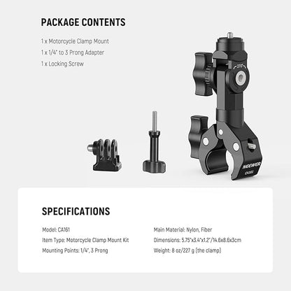 NEEWER Motorcycle Bike Handlebar Clamp Mount, Heavy Duty Clip Holder, 1/4" Screw & 3 Prong Adapter Compatible with Insta360 X5 X4 GoPro Hero 13 12 POV Video Recording, 360° Rotation & 270° Tilt, CA161
