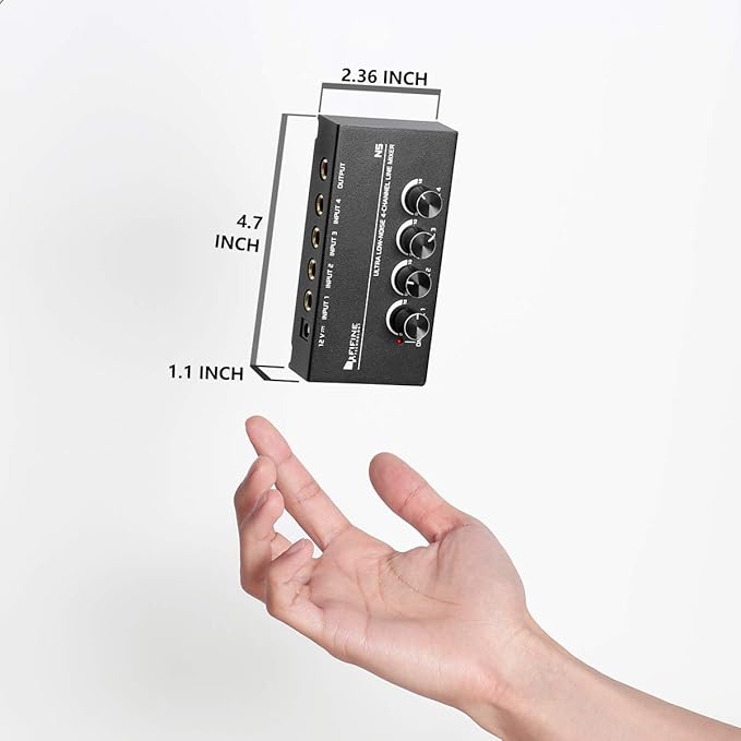 FIFINE Ultra Low-Noise 4-Channel Line Mixer for Sub-Mixing,4 Stereo Channel Mini Audio Mixer with AC adapter.Ideal for Small Club or Bar. As Microphones,Guitars,Bass,Keyboards or Stage Sub Mixer-N5