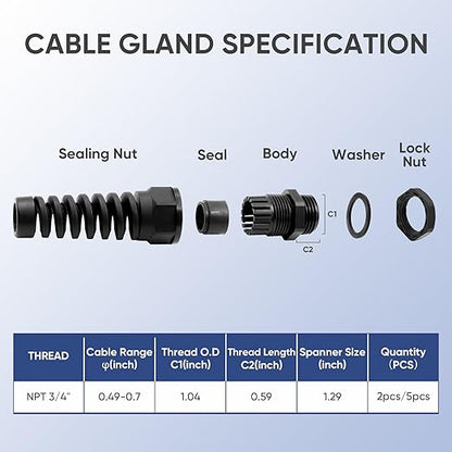 Strain Relief Cord Connector,LISTENJIALE 5Pcs NPT 3/4" Waterproof Cable Gland Flex Spiral Strain Relief Adjustable 12.5-18mm Cable Connector Nylon Joint with Gaskets(Black)