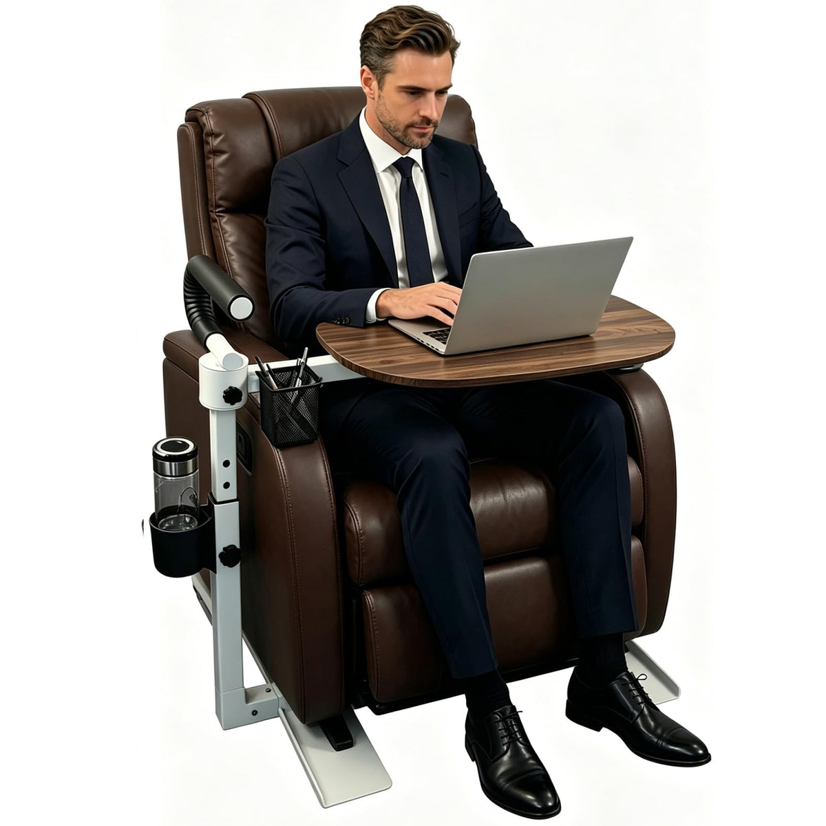 Adjustable Swivel Tray Table for Recliner, 360° Rotating TV Tray Table Support Handle, Built-in Cup Holder & Metal Pen Holder, Height Adjustable Overbed Side Table for Seniors, Sofa, Eating, Working