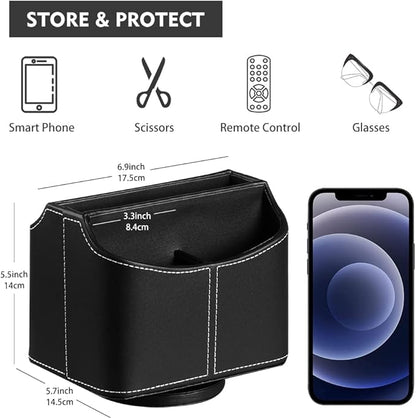 Leather 360° Spinning Remote Control Holder, Pencil Pen Holder for Desk Table Nightstand, TV Remote Caddy Organizer, Black Office Decor and Accessories, Storage Box for Phone,Media Player Controllers