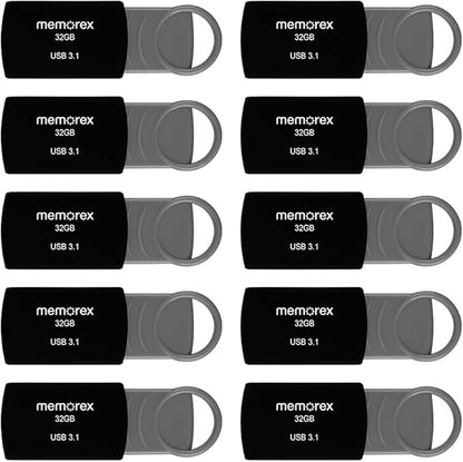 32GB Memorex USB 3.1 Flash Drive – Transfer Speeds Up to 10x Faster Than USB 2.0, Latest USB 3.1 Gen 1 Technology, Lightweight Design, for Daily File Management, Type-A Connector, 10-Pack