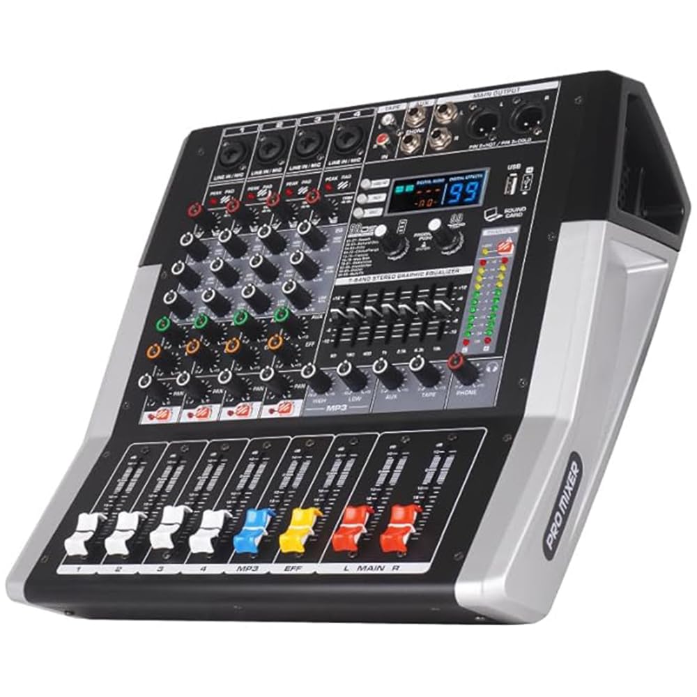 Yamnweo TF600 6-Channel Professional Mixer with Bluetooth Sound Bar with Power Amplifier 2 * 450W Power Output Powered Mixer, 7-Stage Equalizer, 99 DSP Effects, Recording Input USB Drive for Speakers