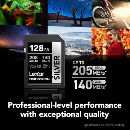 Lexar 128GB Professional Silver SD Card, UHS-I, C10, U3, V30, 4K, Up to 205/140 MB/s SDXC Memory Card, for Professional Photographer, Videographer, Enthusiast (LSDSILV128G-BNNNU)