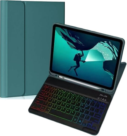 Keyboard Case for Galaxy Tab S10 Lite/ S10 FE/ S9 FE/S9/S8/S7, Slim Lightweight 7 Color Rainbow Backlight Detachable Magnetic Keyboard Cover with S Pen Holder,Teal