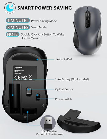 Trueque Wireless Mouse for Laptop, 2.4GHz Ergonomic Computer Mouse with Back & Forward Buttons, 3 Adjustable DPI Levels, 6 Buttons, Optical USB Cordless Mice for Windows Chromebook MacBook PC (Gray)