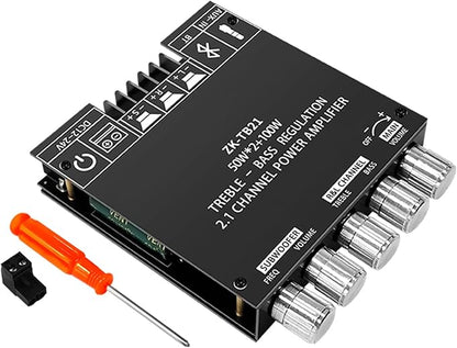 50W+50W+100W Amplifier Board with Treble and Bass Control, Bluetooth 5.0 HiFi 2.1 Channel Subwoofer Stereo Amplifier Board, Dual TPA3116D2 Chip BT and AUX Inputs for DIY Wireless Speakers (ZK-TB21)