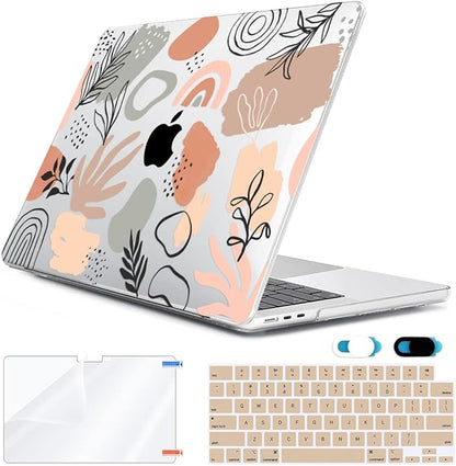Compatible with 2025 2024 2023 2022 MacBook Air 13.6 inch Case M4 A3240 M3 A3113 M2 A2681 with Touch ID, Plastic Hard Shell Case&Keyboard Cover&Screen Protector&Webcam Cover, Abstract Leaf
