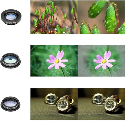 Cell Phone Camera Lens Kit,11 in 1 Super Wide Angle+ Macro+ Fisheye Lens +Telephoto+ CPL+3/6 Kaleidoscope+Starburst/Radial/Soft/Flow Filter Lens Compatible for iPhone X/8/7/6s/6 Plus, Samsung,Android