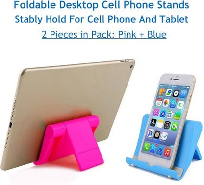 Cell Phone Stand for Desk 2 Pack Mobile Phone Holders Desktop Tablet Stand, Foldable Phone Dock Universal Adjustable Tablet Stand for Desk Compatible with Cell Phone Support (Blue+Pink)