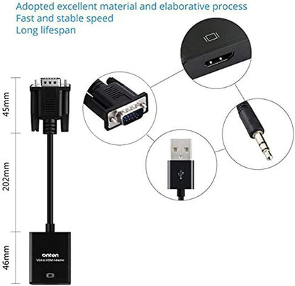 VGA to HDMI, 1080P Adapter (Male to Female) for Computer, Desktop, Laptop, PC, Monitor, Projector, HDTV with Audio Cable and USB Cable (1 Pcs)