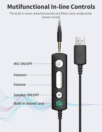 USB Headset with Microphone for PC, Wired Headphones with Noise Cancelling Mic, Computer Headset with in-line Controls, 3.5mm & USB Plug for Zoom, Skype, Call Center, Office Use, Black