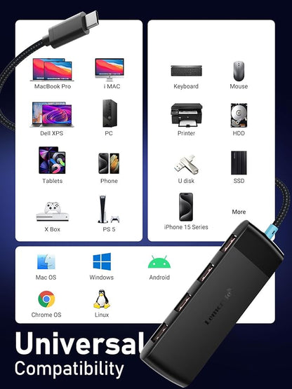 10Gbps USB C Hub, 4 Ports USB3.2 Splitter for Laptop, USB C Multiport Adapter w/Charging Port, for MacBook Pro/Air, iMac, Surface Pro, Dell, HP, iPad, Samsung, Etc., 1.97ft Cable
