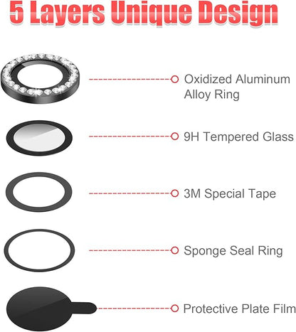 AGVEE 3+3 6 Pack for iphone 12 Pro/12/12 Mini/11 Pro Max/11 Pro/11 Camera Lens Cover Protector, Bling Diamond & Bling Glitter Metal Ring 9H Tempered HD Glass Camera Protector, Bling-Black