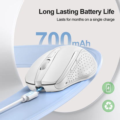 TECKNET Wireless Mouse Rechargeable, 2.4G USB-A Silent Mouse, Quiet Click, 6 Adjustable 4800 DPI, Cordless Computer Mice, Ergonomic Mice for Laptop, 6 Buttons for Chromebook, Ergo Grip - White