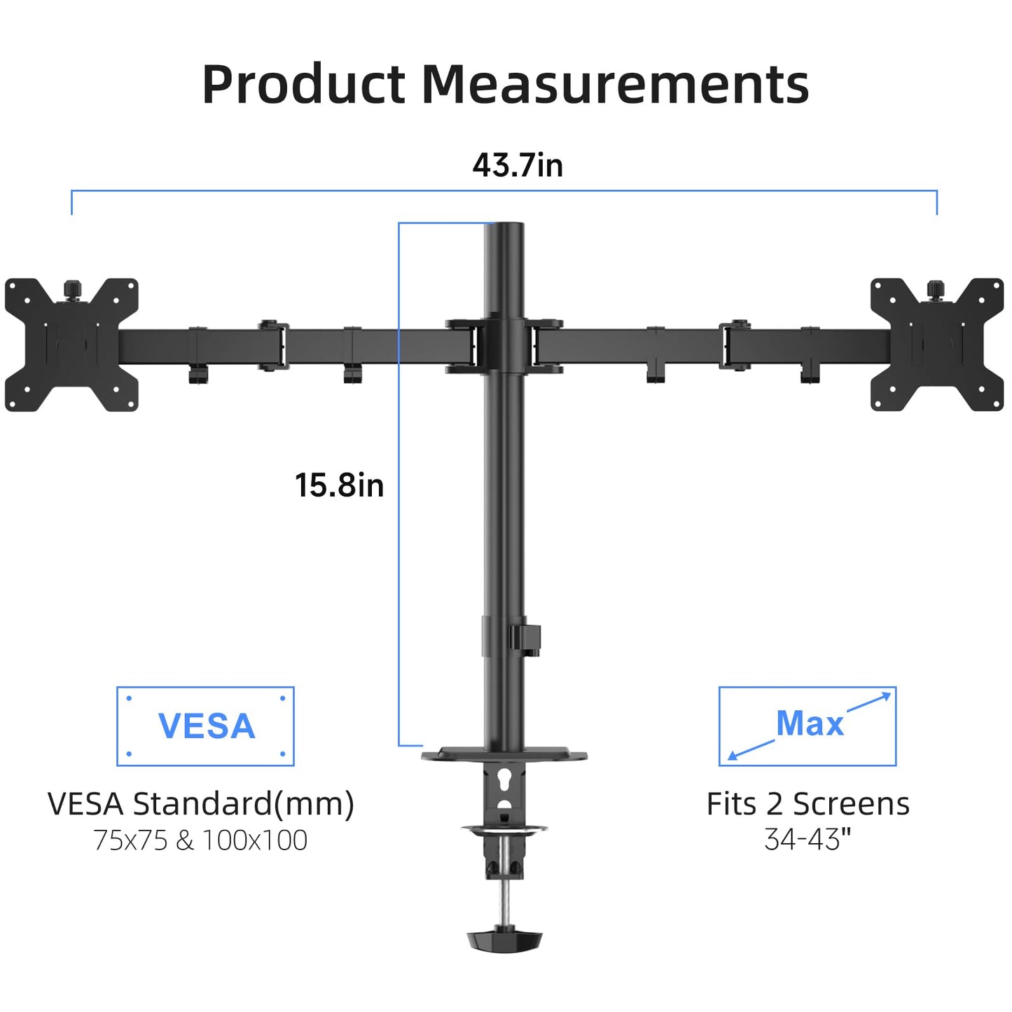 Suptek Dual Monitor Desk Mount, Adjustable Dual Monitor Arm for 2 Monitor Screens up to 43 inch, 15.75" Pole Monitor Stand for Desk, Holds up to 22 lbs, Black(MD9442LB)