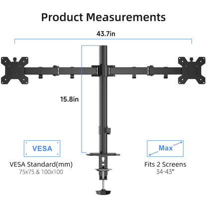 Suptek Dual Monitor Desk Mount, Adjustable Dual Monitor Arm for 2 Monitor Screens up to 43 inch, 15.75" Pole Monitor Stand for Desk, Holds up to 22 lbs, Black(MD9442LB)