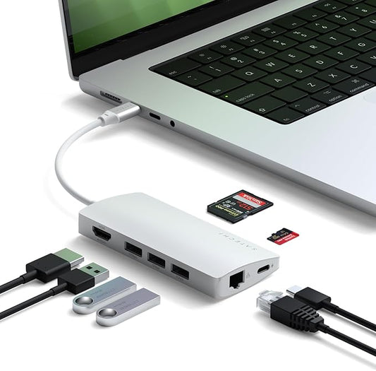 Satechi 8 in 1 USB C Hub Multiport Adapter V2, 4K HDMI, 115W USB C PD Charging, 3 USB-A, Ethernet, Micro/SD Card Readers, for Laptop, MacBook Air/Pro/Neo, iPad Air/Pro, Windows - Silver