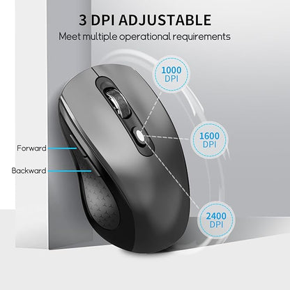 Wireless Mouse with Side Buttons, 2400 DPI, Anti Slip Scroll Wheel, Suitable for Laptops, PCs, Chromebook, Mac, MacBook, Mouse With USB Nano Receiver, 6-Button Wireless Computer Mouse - Gray
