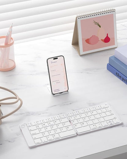 Samsers Foldable Bluetooth Keyboard - Portable Wireless Keyboards with Stand Holder, Rechargeable Full Size Ultra Slim Folding for iOS Android Windows Smartphone Tablet and Laptop, White-Pink