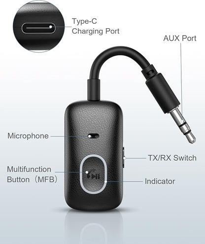 Upgraded Aux Bluetooth Adapter for Car, 2 in 1 Bluetooth 5.3 Transmitter Receiver, Hands-Free Calls, 180° Swivel Bend, Wireless Audio Receiver for Car, Speakers, Home Stereo