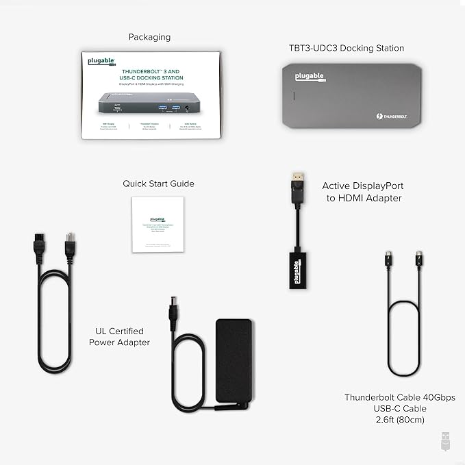 Plugable Thunderbolt Dock, 40Gbps with 100W Laptop Charging, Compatible with macOS, Windows, Dual HDMI Docking Station with DisplayPort - Dual Monitor, 2X USB-C, 3X USB 3, Gigabit Ethernet, Audio Jack