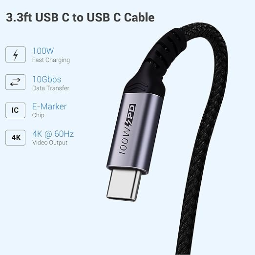 USB C to USB C Cable 3.1 Gen 2 [3.3ft 2 Packs], 100W USBC Cables PD Fast Charging Cable, SuperSpeed 10 Gbps 90 Degree 4K Monitor Video Output Data Cable Compatible for iPhone 15Pro/15ProMax