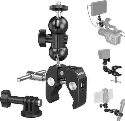 SMALLRIG Super Camera Clamp Mount, Double Ball Head Magic Arm Adapter, Fence/Desk/Tripod Mount for Monitor/Light/Camera, for Insta360, for Gopro