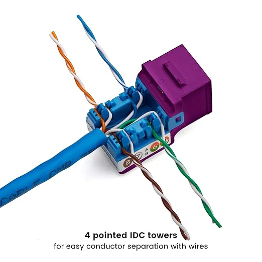 trueCABLE Cat5e Keystone Jack, Unshielded (UTP), 90 Degree Punch-Down, PoE++ (4PPoE) 100W, UL Listed, ETL Verified, ANSI/TIA Certified, Modular RJ45 Female, Purple, 24 Pack