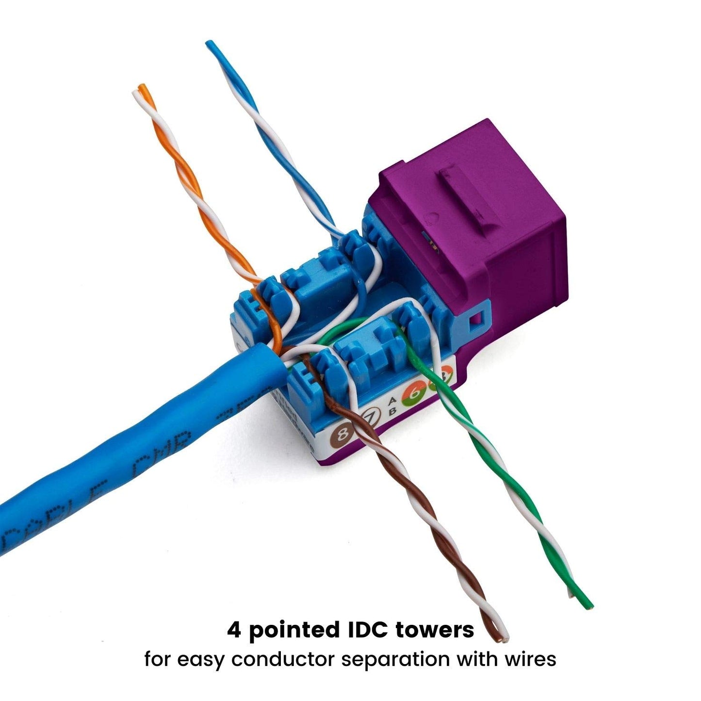 TRUE CABLE Cat5e Keystone Jack, Unshielded (UTP), 90 Degree Punch-Down, PoE++ (4PPoE) 100W, UL Listed, ETL Verified, ANSI/TIA Certified, Modular RJ45 Female, Purple, 48 Pack