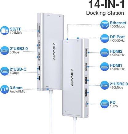 USB C Hub USB-C Docking Station Dual Monitor 14 in 1 Triple Display Multiport Adapter with 2 HDMI+DP+7 USB Type C/A Ports+Ethernet+Audio, USBC Dongle for Dell/HP/Lenovo ThinkPad/Surface(Sliver)