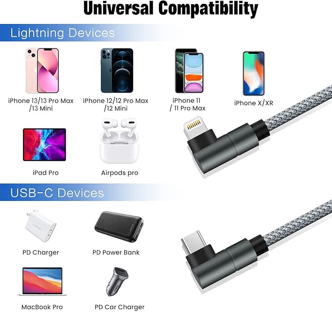 USB C to Lightning Cable MFi Certified PD Fast iPhone 12 Charging 6ft Cable 90 Degree Type C Charger Cord Compatible with iPhone 13/12/12 ProMax/12Mini/11 Pro Max/X/XS/XR/8, iPad 8th (Grey) …