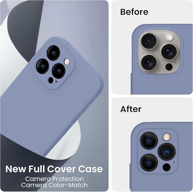 FireNova Designed for iPhone 15 Pro Case, Silicone Upgraded [Camera Protection] Phone Case with [2 Screen Protectors], Soft Anti-Scratch Microfiber Lining Inside, 6.1 inch, Lavender Gray