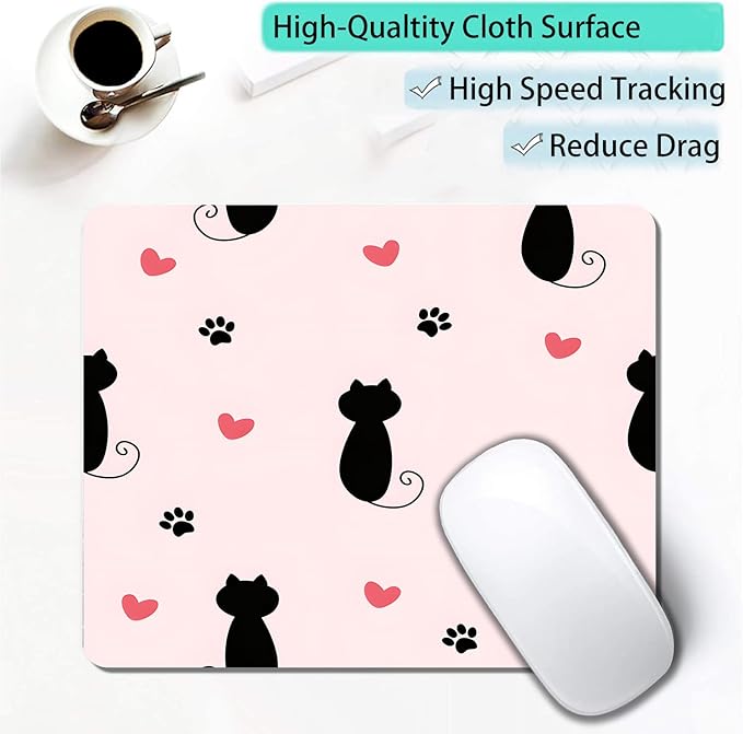 Cute Heart Cartoon Black Cat Paw Custom Mouse Pad with Non-Slip Rubber, Small Square Design for Wireless Laptop & Computer Mouse Pads for Desk, 9.5 x 7.9 inch Smooth Surface for Gaming & Office