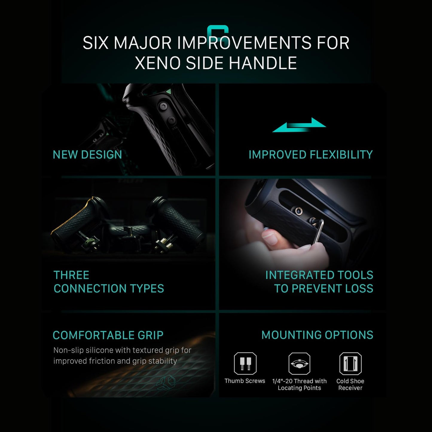Tilta Xeno Side Handle for Filmmakers & Cameras - Titanium Gray | Secure Connection & Helps Prevent Rotation | Adjustable Height | Textured Silicone Grip | Easy Assembly (1/4″-20 w/Locating Pins)