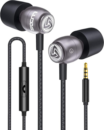 LUDOS Clamor Wired Earbuds in-Ear Headphones, 5 Years Warranty, Earphones with Microphone, Noise Isolating Ear Buds, Memory Foam for iPhone, Samsung, School Students, Kids, Women, Small Ears - Grey
