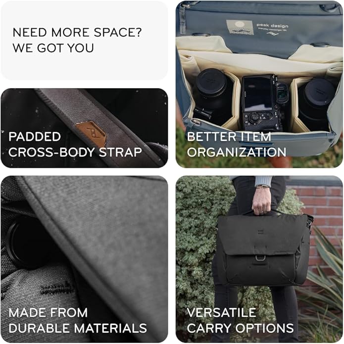 Peak Design Everyday Messenger V3 13L, Kelp, Weatherproof Camera and Work Bag with Laptop Sleeve, Expandable, MagLatch Closure, FlexFold Dividers, Fits 13" Laptop, Messenger Bag for Men and Women