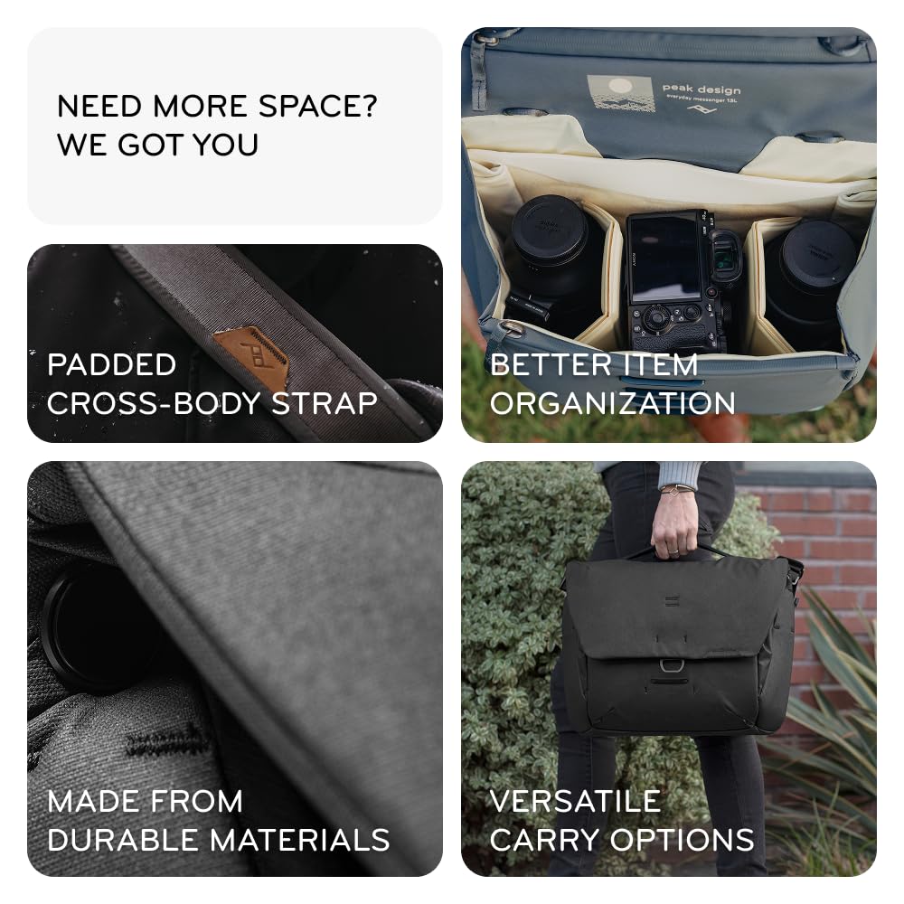 Peak Design Everyday Messenger 13L, Kelp, Weatherproof Camera and Work Bag with Laptop Sleeve, Expandable, MagLatch Closure, FlexFold Dividers, Fits 13" Laptop, Messenger Bag for Men and Women