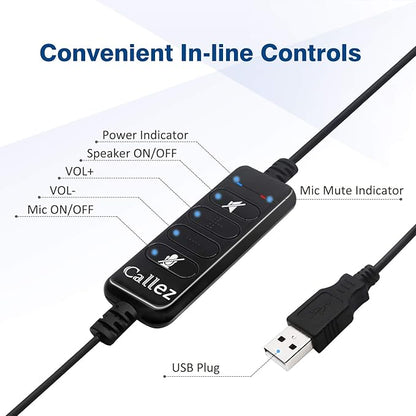 USB Headset with Microphone Noise Cancelling & Audio Controls, Stereo Computer Headphones for Business Skype UC Lync Softphone Call Center Office, Clearer Voice, Super Light, Ultra Comfort