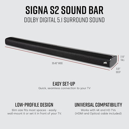 Polk Audio Signa S2 Sound Bar & Wireless Subwoofer – Exclusive VoiceAdjust Technology, Ultra-Slim Design, Works with 4K & HD TVs, HDMI & Optical, Bluetooth, Wireless Streaming