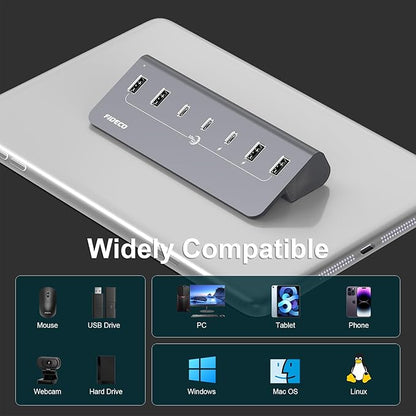 FIDECO Powered USB Hub, 7 Port 10Gbps Fast Data Hub for iPhone 16/15 and Laptop, Full Aluminum USB Splitter with 5V 3A Power Adapter, 4 USB A and 3 USB C Ports, Support BC1.2 Charging, Grey