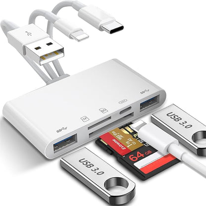 5-in-1 Memory Card Reader for iPhone, SD Card Reader USB C OTG Adapter with USB C to A Connector Micro SD/SD Dual Slots for iPhone/iPad/Galaxy/Android/Computer/Laptop/More