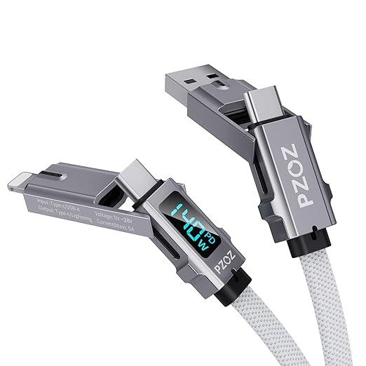 pzoz 4-in-1 USB C Fast Charging Cable with LED Display, Multi USBC Charger Combo Lightning/Type C/USB A Metal Ports for iPhone 16/15/14 Pro Max iPad MacBook AirPods Pro Samsung Google (140W, 5 ft)