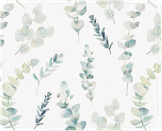 ITNRSIIET Mouse Pad with Stitched Edge Premium Textured Smooth Precise Operation Waterproof Washable Non-Slip Rubber Base Desktop Protection Mat, 10.2×8.3×0.12 inches, Eucalyptus Branches
