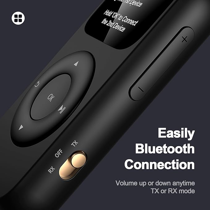 SoundSync Pro Bluetooth Transmitter & Receiver for Airplane, Easy Setup Bluetooth Audio Transceiver for 2 BT Devices, Volume Control, RCA for TV