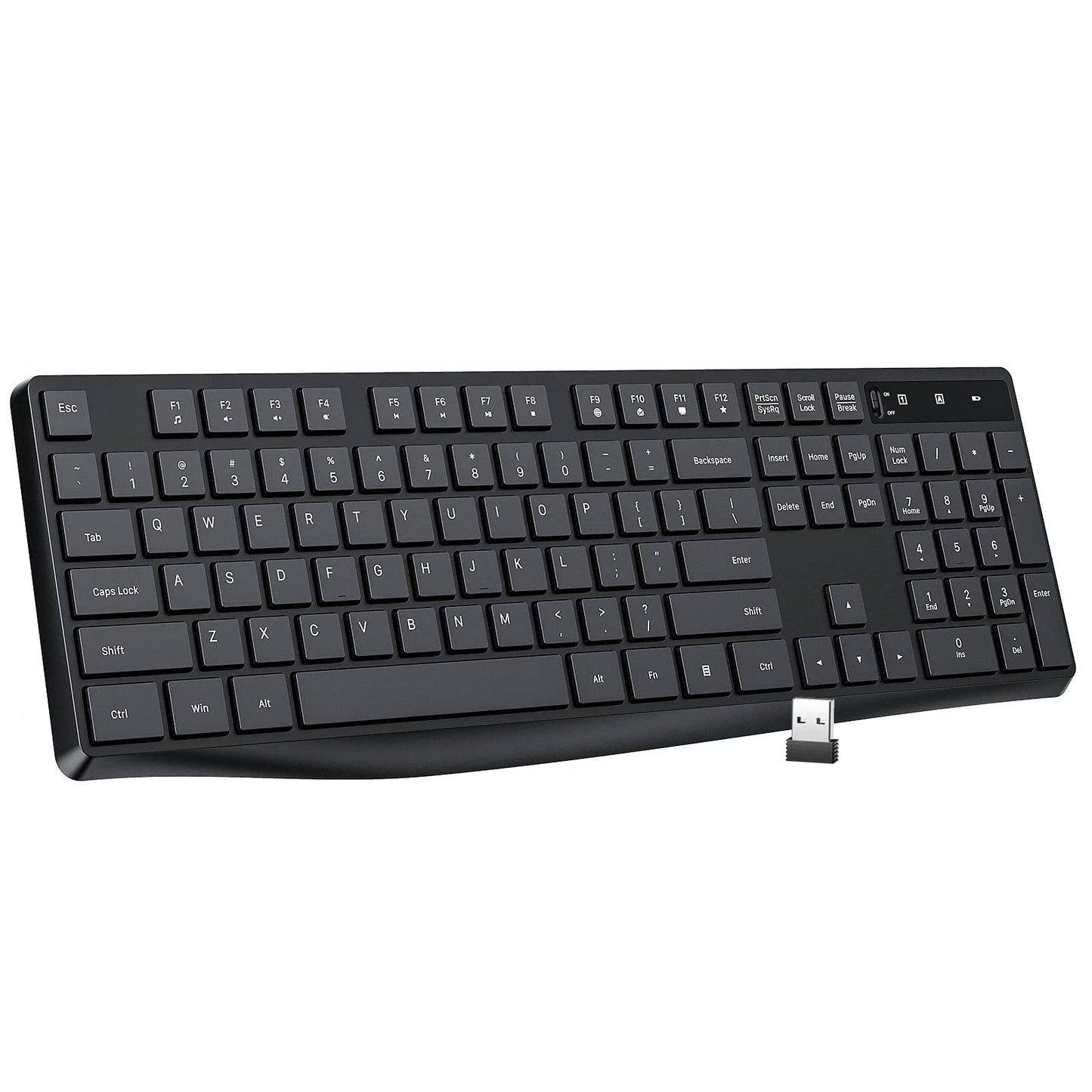Lovaky Wireless Keyboard MK98, 2.4G USB Computer Cordless Keyboard, Enlarged Indicator Light, Ergonomic Full Size PC Keyboard with Number Pad for Windows, Laptop, Desktop, Chromebook, Notebook, Black