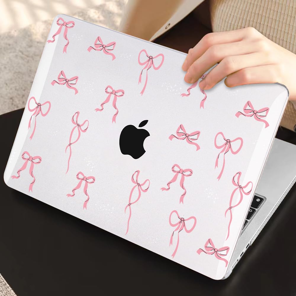 LCMOCICO Compatible with 2021 2020 2019 2018 MacBook Air 13 inch Case M1 A2337 A2179 A1932 with Touch ID, Crystal Clear Pattern Plastic Hard Shell Case for MacBook Air 13 M1 2021, Pink Bowknot