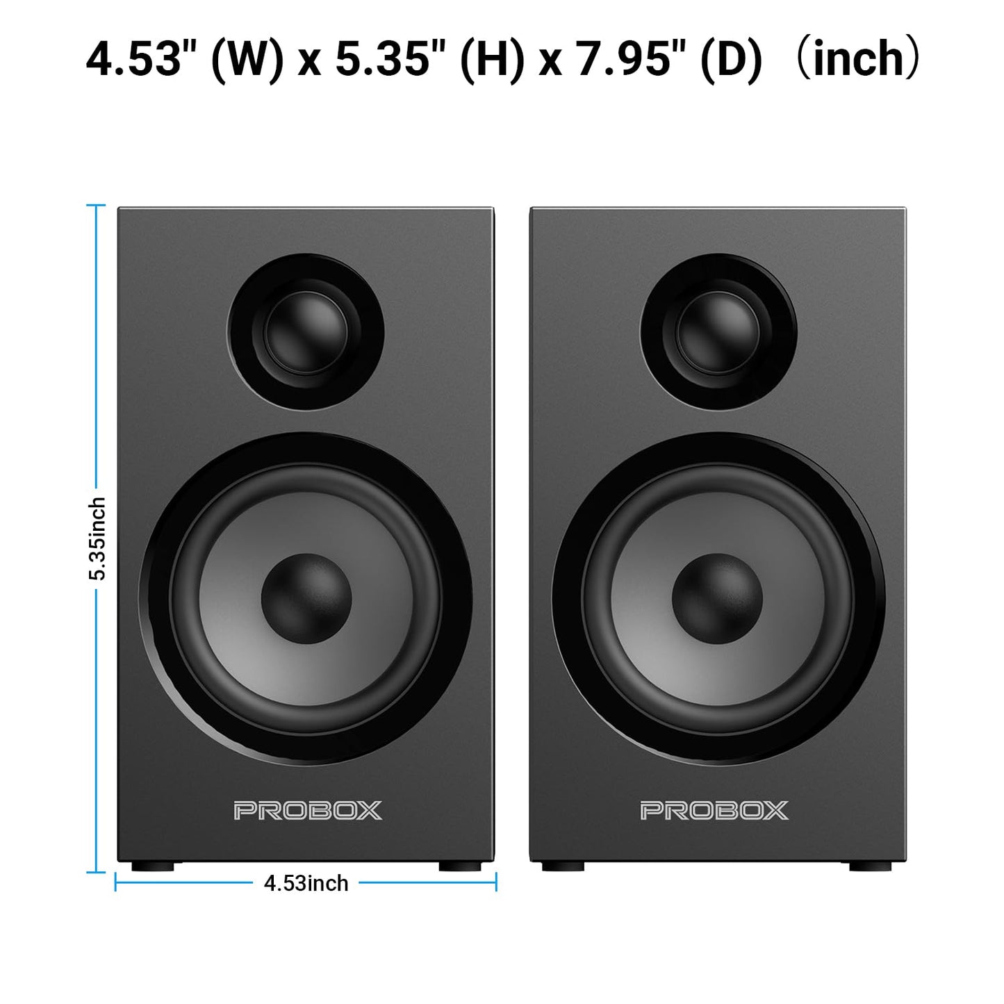 Probox Powered Bookshelf Speakers HiFi Computer Gaming Monitors with Bluetooth 5.3 & 24-Bit USB DAC Stereo Speaker PC Speakers 3.5" Woofer,1" Silk Dome Tweeter, Adjustable Bass/Treble BT16-Black