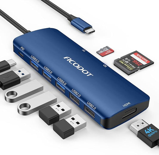 USB C Hub, 9-in-1 Multi-Port USB Adapter, 4K@60Hz HDMI, 100W Max PD, 3 USB3.0(5Gbps) + 2 USB2.0 Data Ports, SD/TF Card Reader for MacBook, iPad Pro, Dell, HP, Lenovo, Windows Laptop, Blue